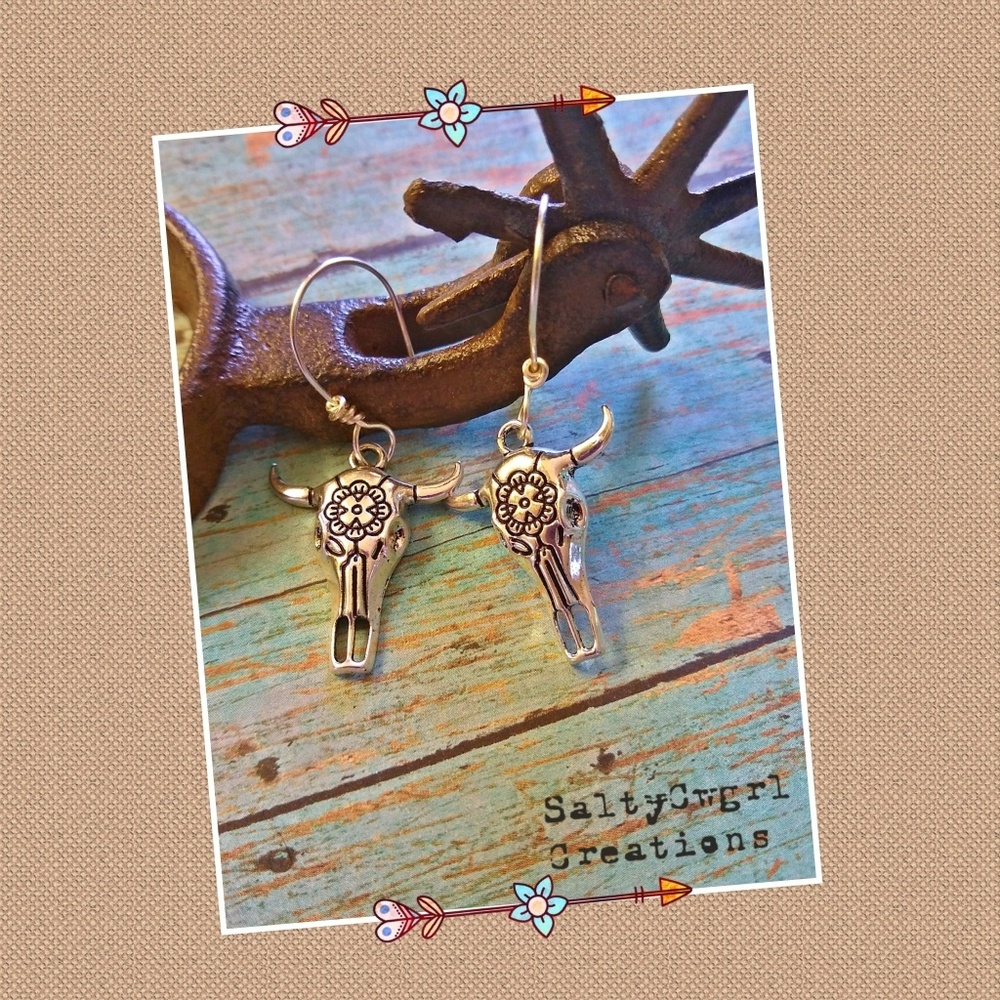 Wild West Silver Longhorn Steer Skull Earrings